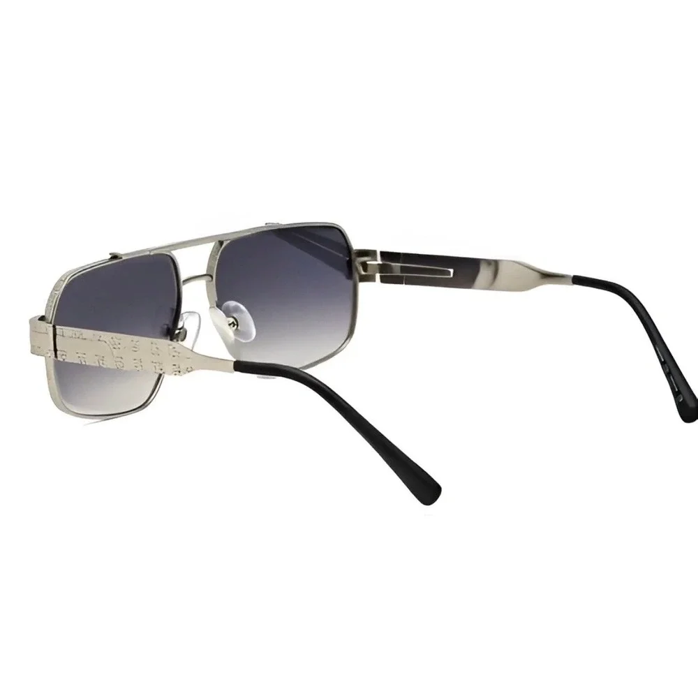 Mens‎ Sunglasses Silver Metal Frame Gradient Lens Double Bridge Aviator Outfit